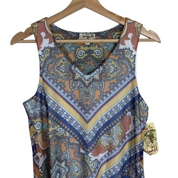 One World Tunic Tank Top Small Medium XL Mesh Overlay Blue Orange Rhinestone Art - Picture 4 of 11